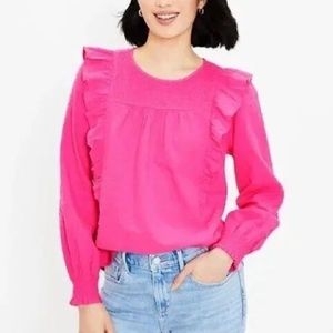 Super Cute Pin Swiss Dot LOFT Hot Pink Fuchsia long sleeve top M blouse